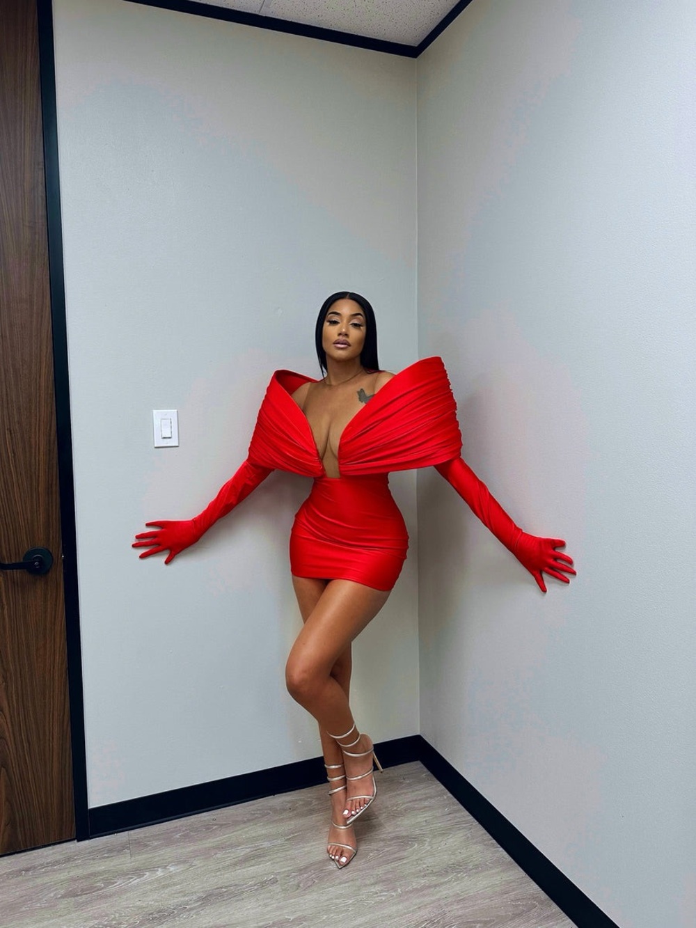 Red Off-Shoulder Draped Mini Dress